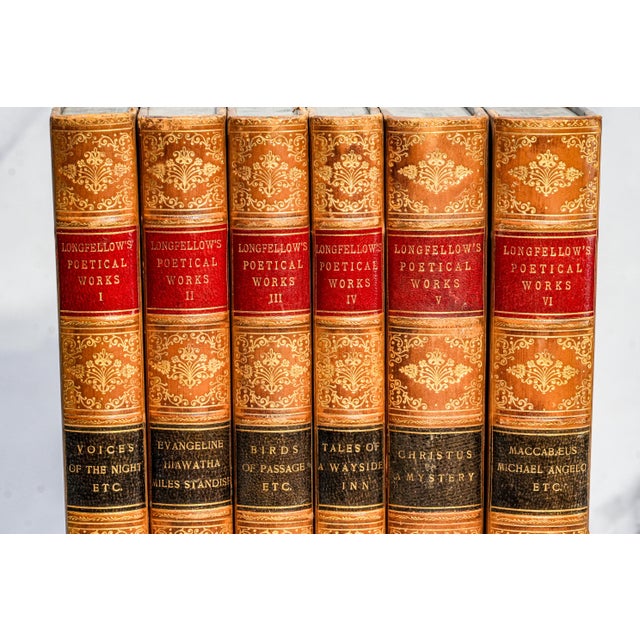 Victorian Stunning 6 Volume Ornate Victorian Antique Leather Spine Books Works of Henry Wadsworth Longfellow Home Office Shelf Decor For Sale - Image 3 of 10