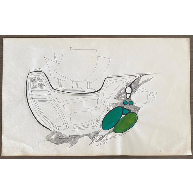 Black Armando Villagran, Surrealist Latin American Mixed Media - Woman In Green Pants With Ship, 1971 For Sale - Image 8 of 9