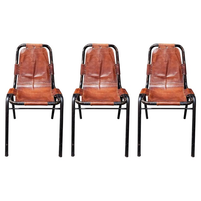 Leather Dining Chairs attributed to Dalvera in the style of Charlotte Perriand, France, 1950s, Set of 3 For Sale