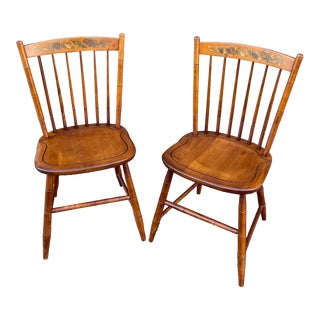Vintage L Hitchcock Traditional Solid Maple "Classic Country" Stenciled Windsor Dining Chairs - a Pair For Sale