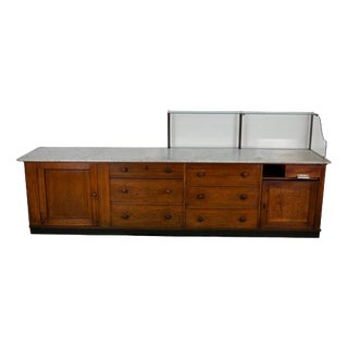 Large Antique Art Deco German Oak & Marble Chocolate Shop Counter, 1920s For Sale
