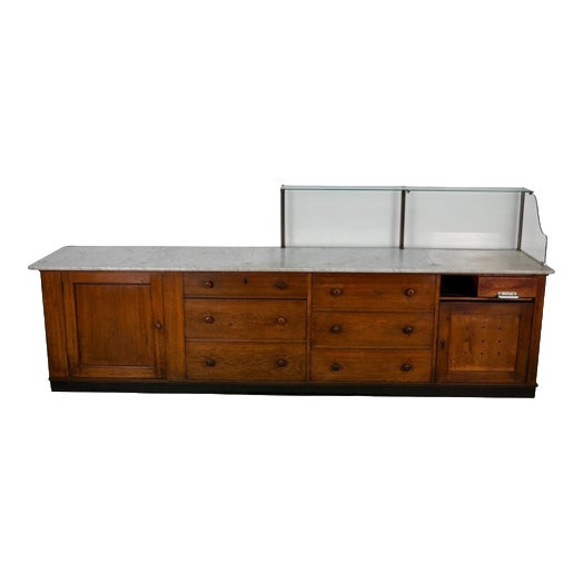 Large Antique Art Deco German Oak & Marble Chocolate Shop Counter, 1920s For Sale