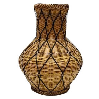 Vintage Brown Woven Rattan Tribal Basket For Sale