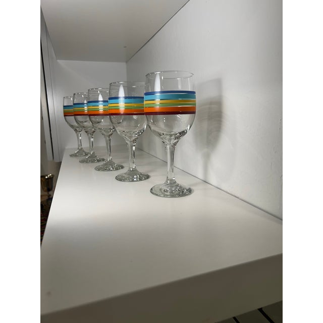 Libbey Glass Co. 1970’s Set of 5 Colorful Rainbow Striped Fiesta Ware Wine - Water Goblets For Sale - Image 4 of 9