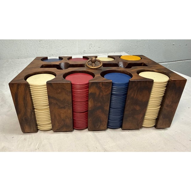 Signed Antique 19th Century Gaming Poker Wood Brass Box Travel Set Clay Chips For Sale - Image 10 of 11