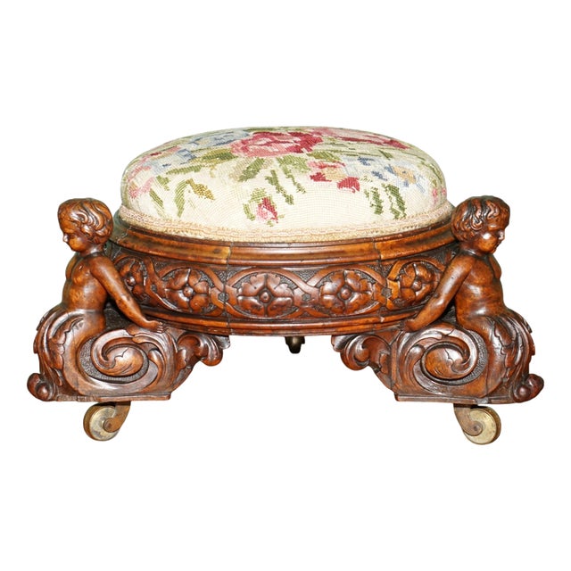 Anitque Victorian Carved Ottoman, 1840s For Sale