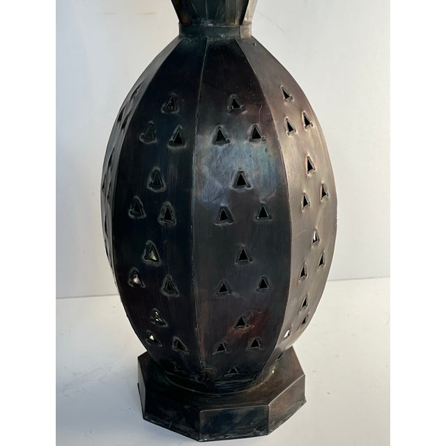 Vintage Mexican Punched Tin Pineapple Lantern Votive Candle Holders – Hojalata Folk Art a Pair For Sale - Image 4 of 11