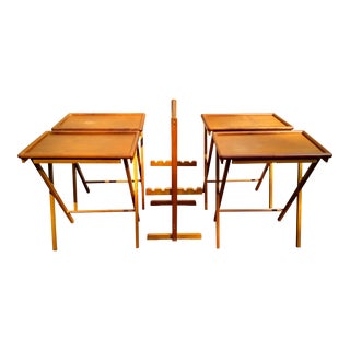 Teak Tv Folding Tray Tables With Rack - Set of 5 For Sale