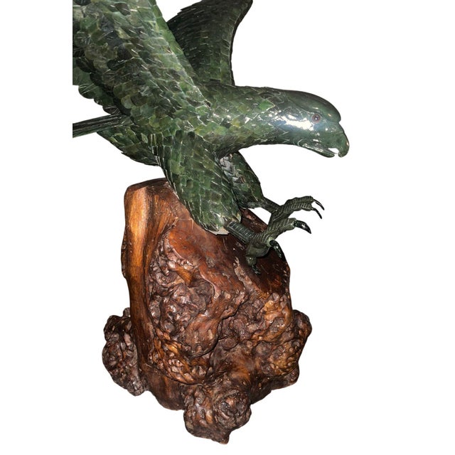 Monumental 20th Century Chinese Spinach Jade Carved Eagle on Naturalistic Base For Sale In Los Angeles - Image 6 of 11