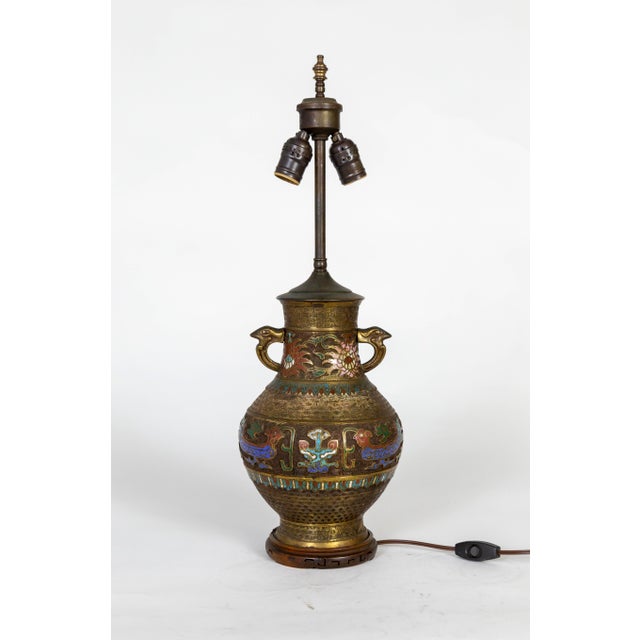 1900s Asian Etched Bronze & Champleve Enamel Urn Vase as Lamp For Sale - Image 11 of 11