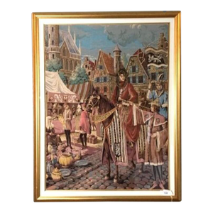 Vintage Belgian Tapestry in Gold Frame - Medieval Market Scene Woven Early 1920's - 1940's