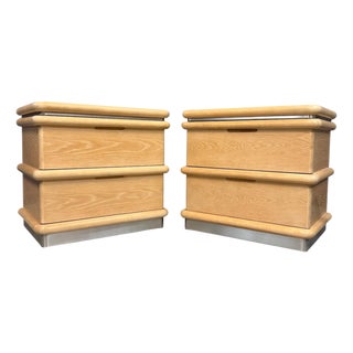 1990s Pair of Jay Spectre for Century Cerused Oak Nightstands With Brushed Steel Bases For Sale