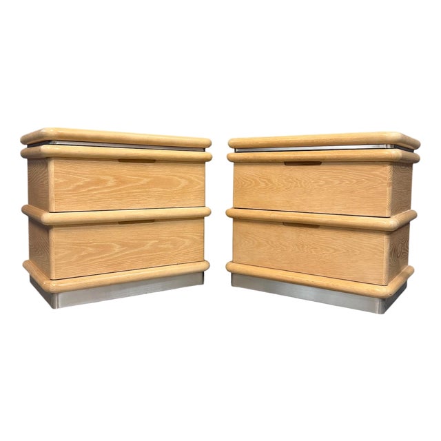 1990s Pair of Jay Spectre for Century Cerused Oak Nightstands With Brushed Steel Bases For Sale