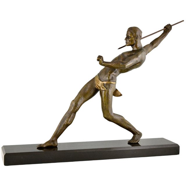 Limousin, Art Deco Athlete with Spear or Javelin Thrower, 1930, Metal on Marble Base For Sale - Image 10 of 13