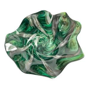 Vintage Art Glass Bowl Ruffle Green Swirl Gold Metallic Large Centerpiece Dish Signed