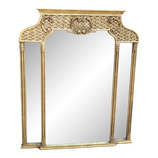 Vintage Pagoda Gold Crested Lattice Large Hollywood Regency Antique Mirror For Sale