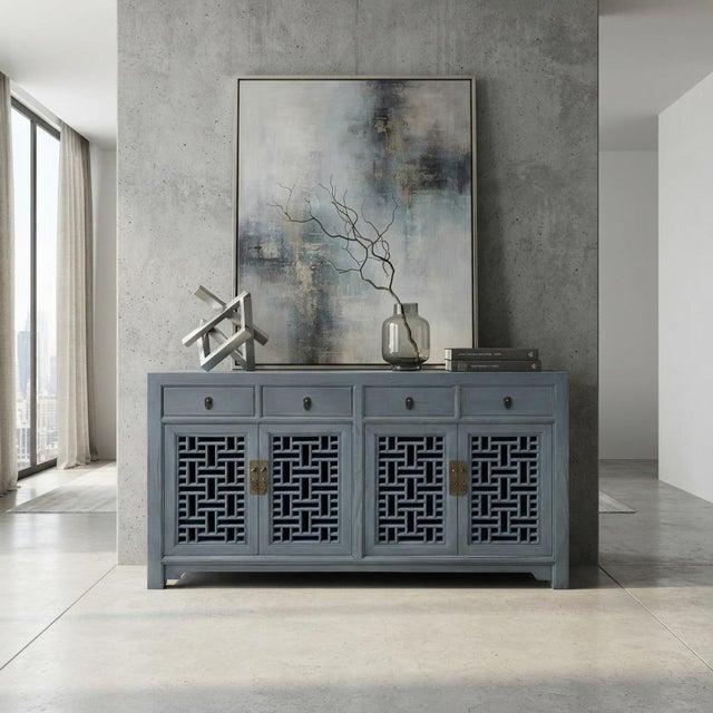 Asian Gray Shutter Doors Hardware Sideboard Credenza Console Cabinet For Sale - Image 9 of 11