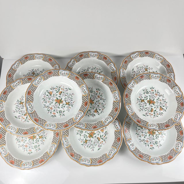 Set of 10 Gien soup plates, Rouen Sainfoin pattern, 1990 Gien dinner service, Rouen Sainfoin pattern, stamped "limited...