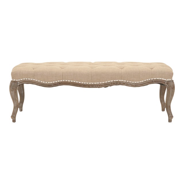 Bench with Flat Black nailheads in Wheat Beige & Pickled Oak Finish For Sale