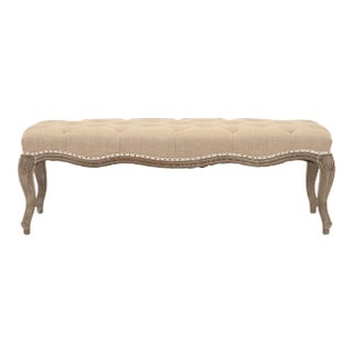 Tufted Nailhead Bench with Cabriole Legs in Wheat Beige & Pickled Oak Finish For Sale