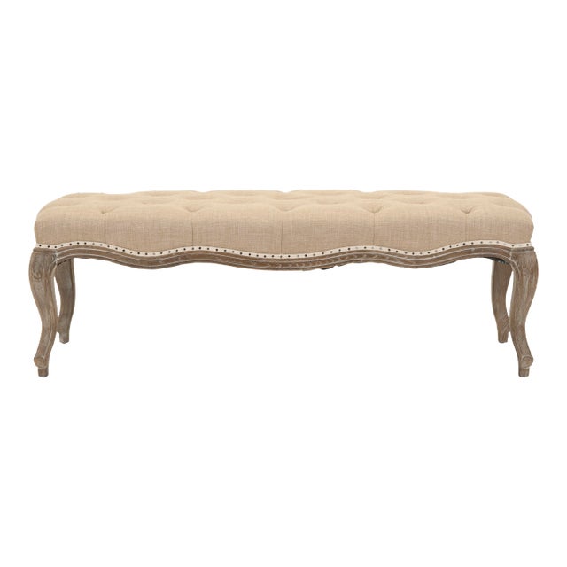 Tufted Nailhead Bench with Cabriole Legs in Wheat Beige & Pickled Oak Finish For Sale