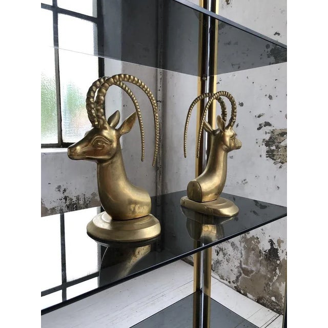 Large brass bookends depicting antelope heads. These bookends are such small sculptures in your library. Very stable....