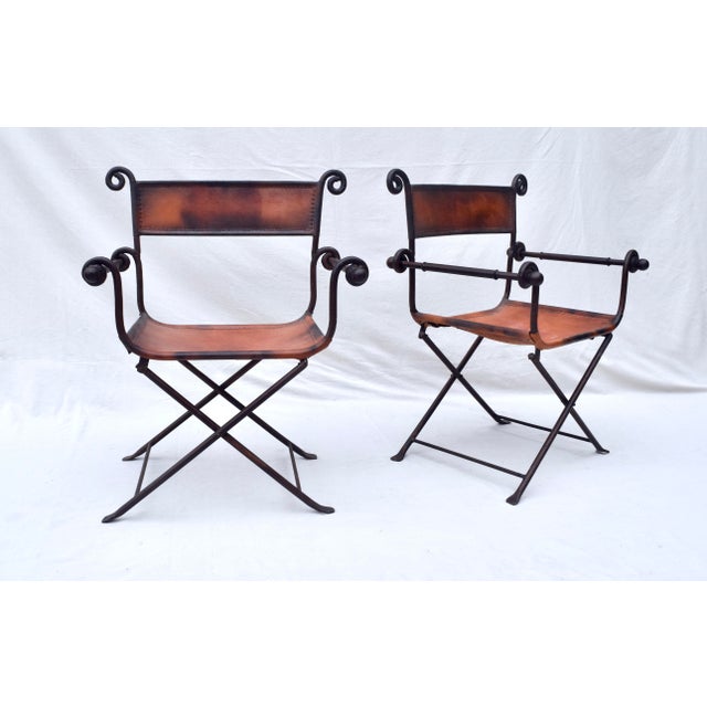 Early 20th Century A Pair of Italian Savonarola Iron & Leather Campaign Chairs For Sale - Image 5 of 12
