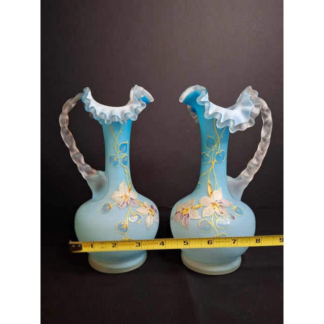 Antique Pair Victorian Blue Satin Cased Glass Pitcher Ewers Hand Painted Orchids Frosted Coral Branch Handles Ruffled Rim - a Pair For Sale - Image 17 of 18