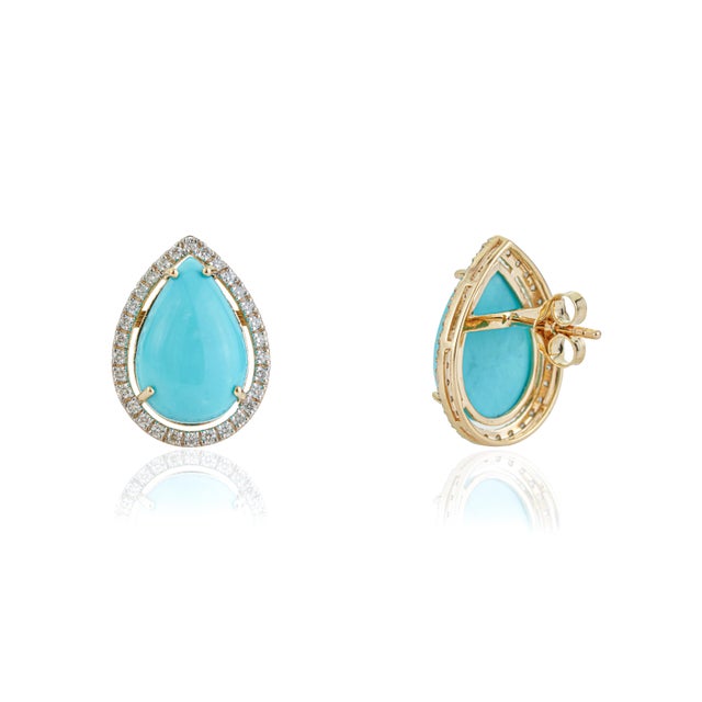 VR Jewels 8.88ct Sleeping Beauty Turquoise Solitaire Halo Diamond 14k Gold Earrings- A Pair For Sale - Image 4 of 15