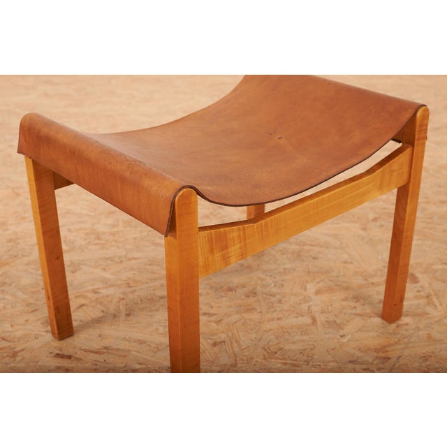 Wood Stool with Leather Seat For Sale - Image 5 of 11