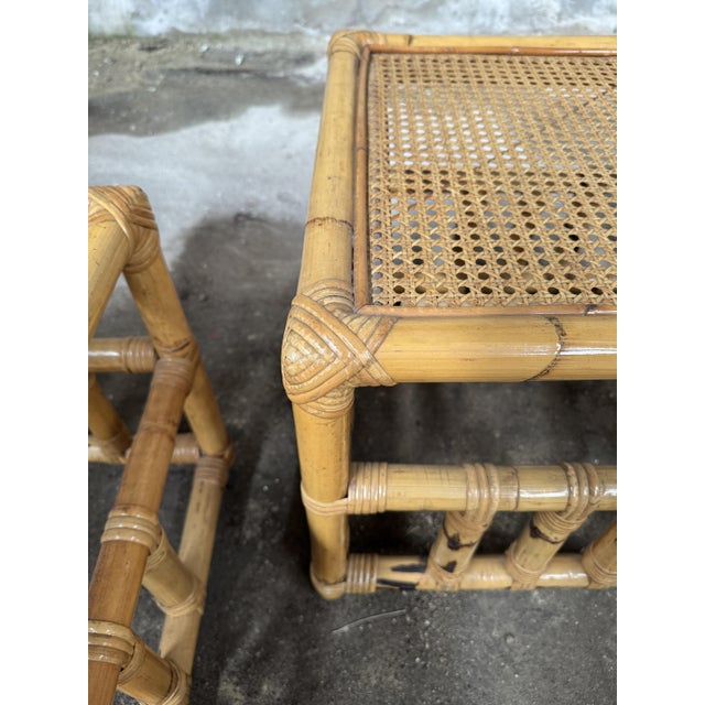 Wood Mid-Century Modern Italian Bamboo Sofa Table with Vienna Straw Top in the style of Vivai Del Sud, 1960s, Set of 2 For Sale - Image 7 of 11