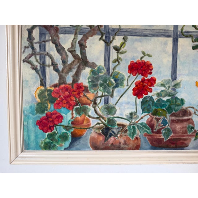 Wood Large 1985 Toni Dalton Botanical Geraniums & Window Oil on Canvas Painting, Framed For Sale - Image 7 of 12