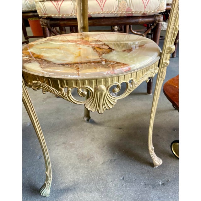 Mid 20th Century Vintage Hollywood Regency Brass Two-Tier Onyx Stone Mosaic Pedestal Table For Sale - Image 5 of 7