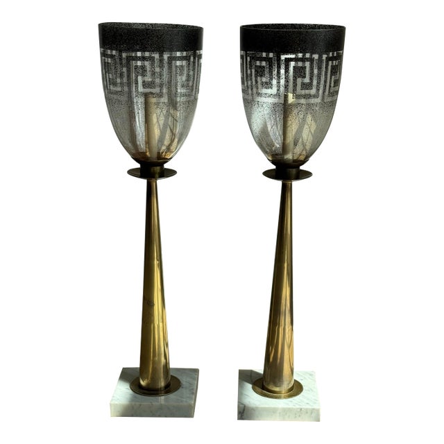 Vintage Stiffel Attributed Brass Column Lamps With Greek Key Glass Shades, in the Style of Tommi Parzinger - a Pair For Sale