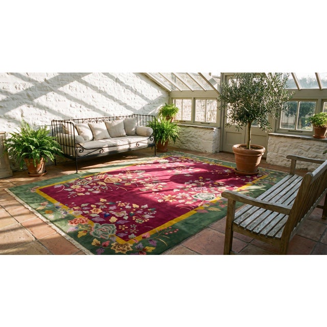 1920s Red Burgundy Floral Antique Chinese Art Deco Carpet 9' X 11'7" Knotted Wool Rug For Sale - Image 14 of 15