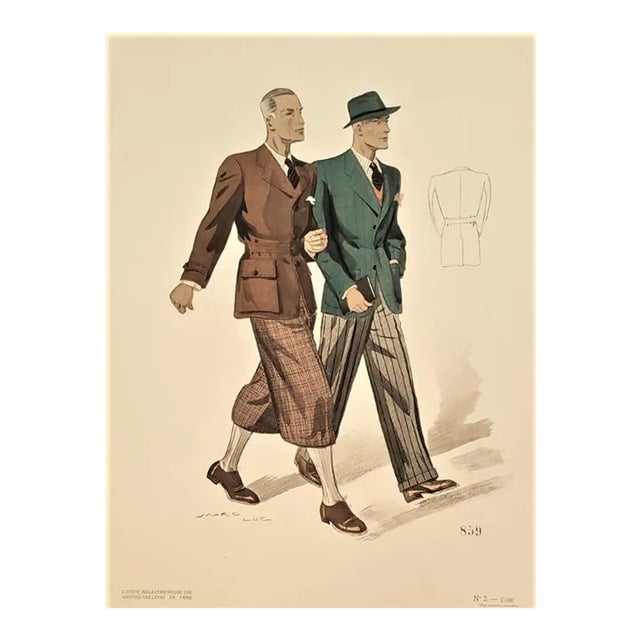 1938 French Art Deco Men's Tailoring Fashion Lithograph For Sale