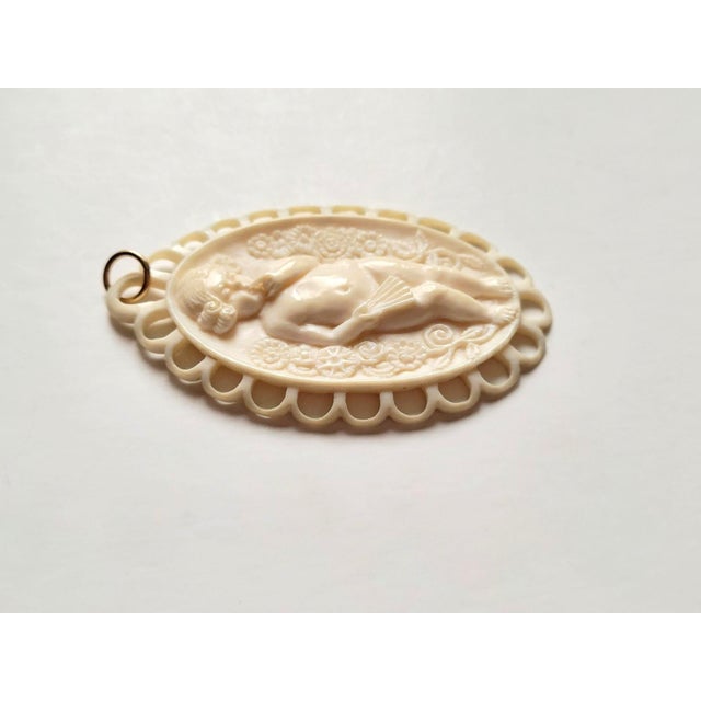 Metal Rare Victorian Dieppe Carved Ivory Cameo Pendant, Angel With Flowers, French Antique, Circa 1840–1850 For Sale - Image 7 of 8