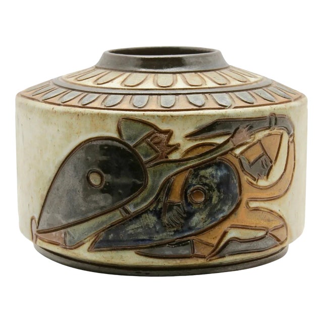 Enameled Stoneware Cylindrical Vase with Engraved Rotating Design by A. Dubois for Bouffioulx For Sale