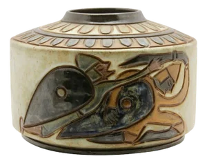 Enameled Stoneware Cylindrical Vase with Engraved Rotating Design by A. Dubois for Bouffioulx