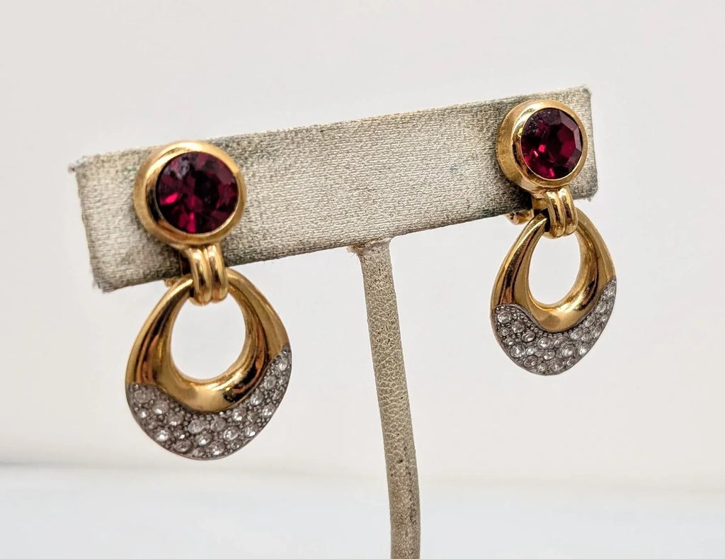Vintage 1970s Signed Lanvin Germany Goldtone Faux-Garnet & Clear
