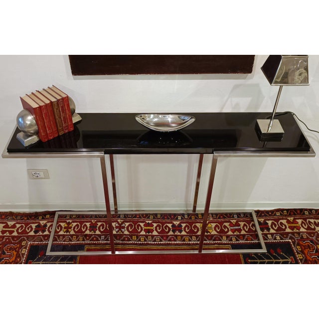 Console Table in Satin Steel with Glossy Black Top, 2000s For Sale - Image 4 of 10