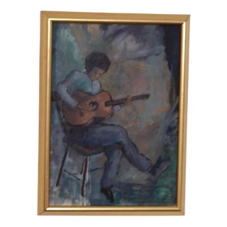 Calle Svensson, Troubadour with His Guitar, 1950s, Oil on Canvas, Framed For Sale