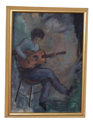 Calle Svensson, Troubadour with His Guitar, 1950s, Oil on Canvas, Framed
