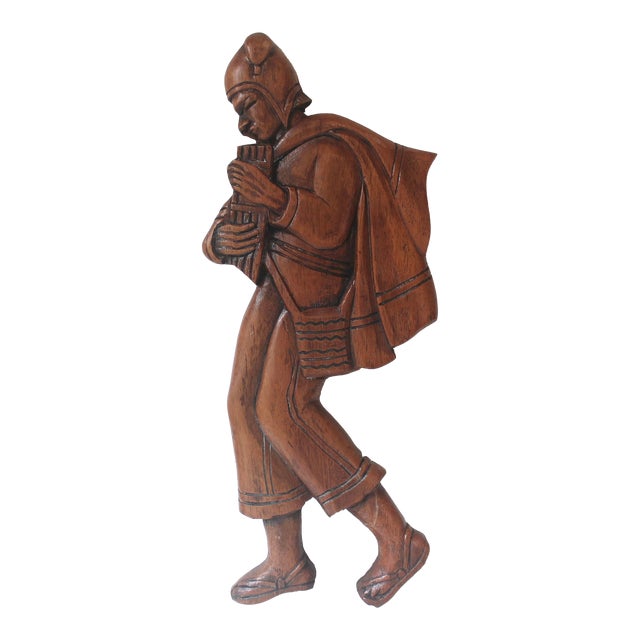 Vintage Carved Wood Man Wall Hanging Pied Piper or Peasant Wall Art For Sale