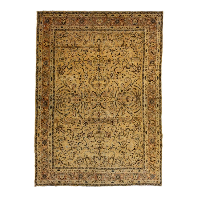 1930s Persian Tabriz Wool Rug With Allover Floral in Golden Color For Sale