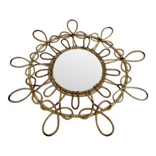 Mid-Century Mediterranean Rattan Flower Burst Mirror, 1960s For Sale