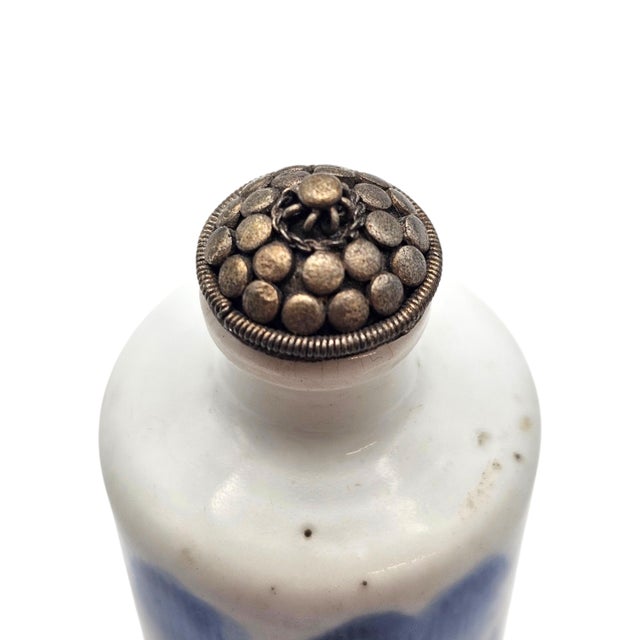 Vintage Chinese Blue & White Porcelain Snuff Bottle With Stopper Spoon (3.375") For Sale - Image 10 of 14