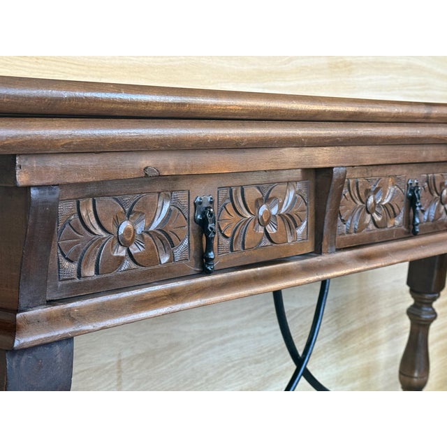 Early 20th Century Spanish Fold Out Console Table with Iron Stretcher & 3 Drawer For Sale - Image 12 of 18