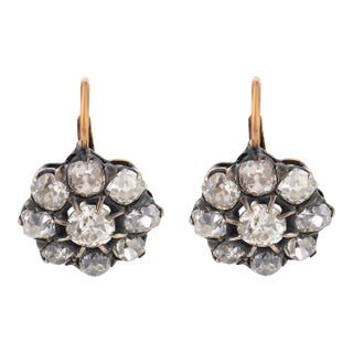 1920s Pair of Victorian Style 4.89 Carat Old Mine Diamond 18k Gold Silver Cluster Earrings For Sale