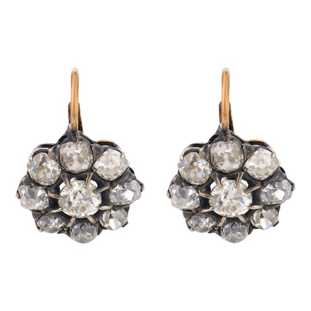 1920s Pair of Victorian Style 4.89 Carat Old Mine Diamond 18k Gold Silver Cluster Earrings For Sale